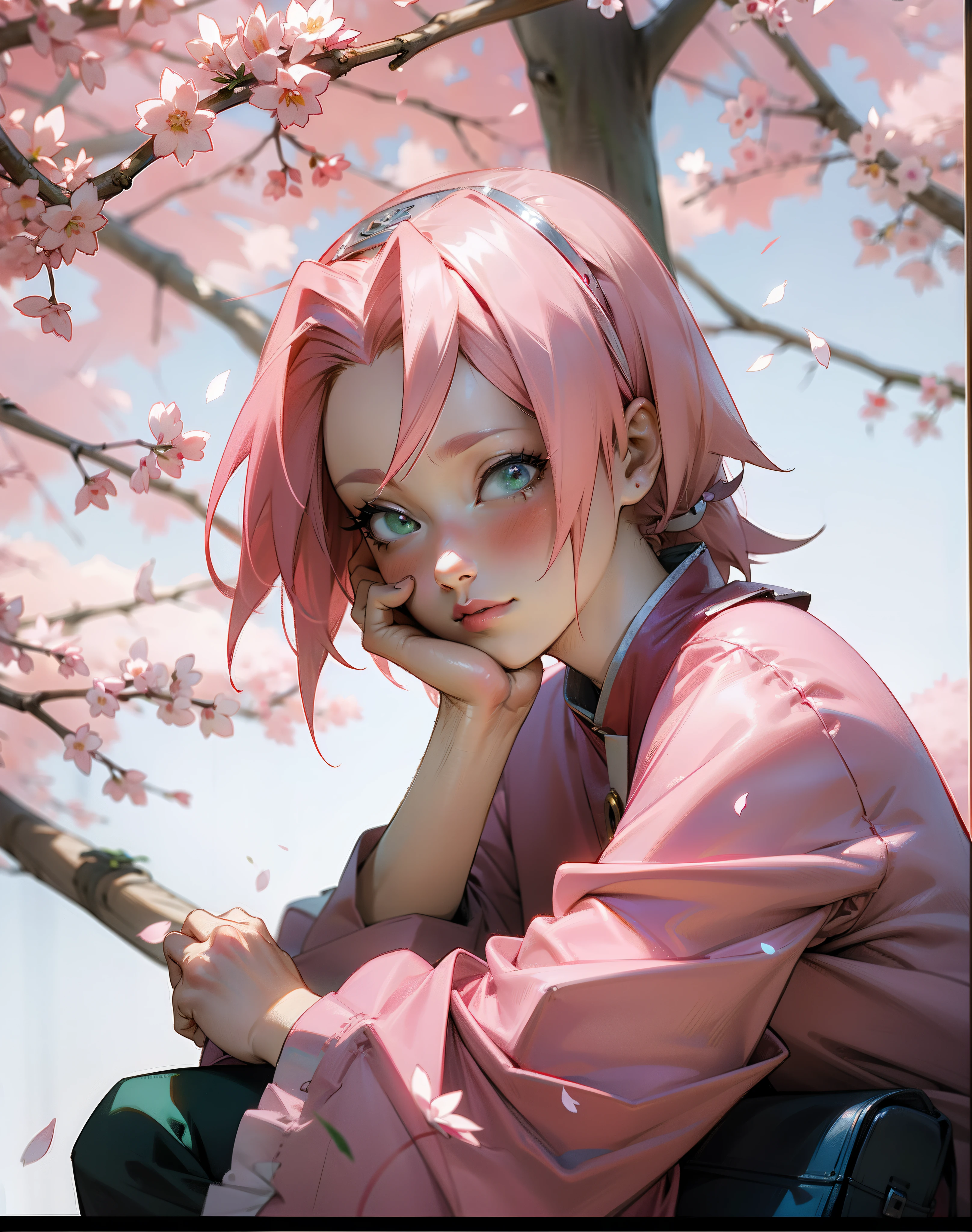 Sakura with pink hair and red shirt sitting on a tree, haruno sakura, sakura haruno, Estilo anime misturado com Fujifilm, Menina anime na vida real, Anime Garota Cosplay, sakura petals around her, Anime cosplay, linda Delphine, Sakura Haruno no modo Slug Sage, com cabelo rosa, Inspirado em anime, Fotos cosplay, Cosplayer, Estilo anime