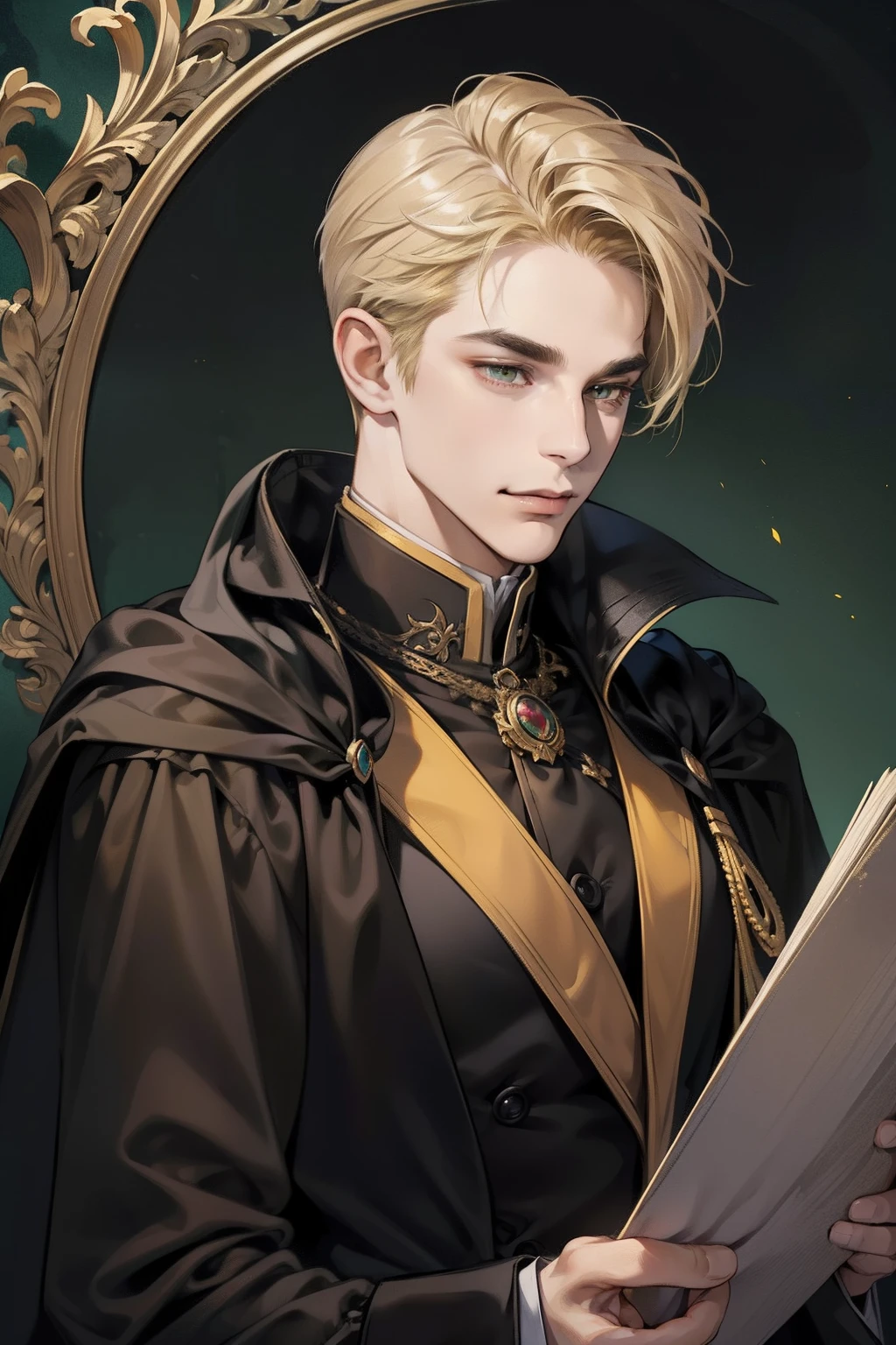 masterpiece, best quality, realistic, 1man, mature male, quiet and charming young man, 25 years old, evil smile, closed mouth, portrait, extremely detailed face, a little distant, dark emerald eyes), ((short-right-swept dandy blonde hair)), [thick eyebrows], dark palace, ((long black cape)), ((black and yellow rim cloth)), full body, detailed.