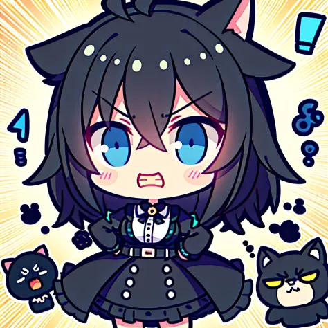 Girl vs、tchibi、((Best quality, High_Resolution, distinct_image)),(Black hair), (Black cat ears), (ahoge), (absurdly short hair), (Wavy hair), (Blue eyes),scowling.From the face.a very cute、mideum breasts、（（（The character's face is displeased，Brow furrowed，...