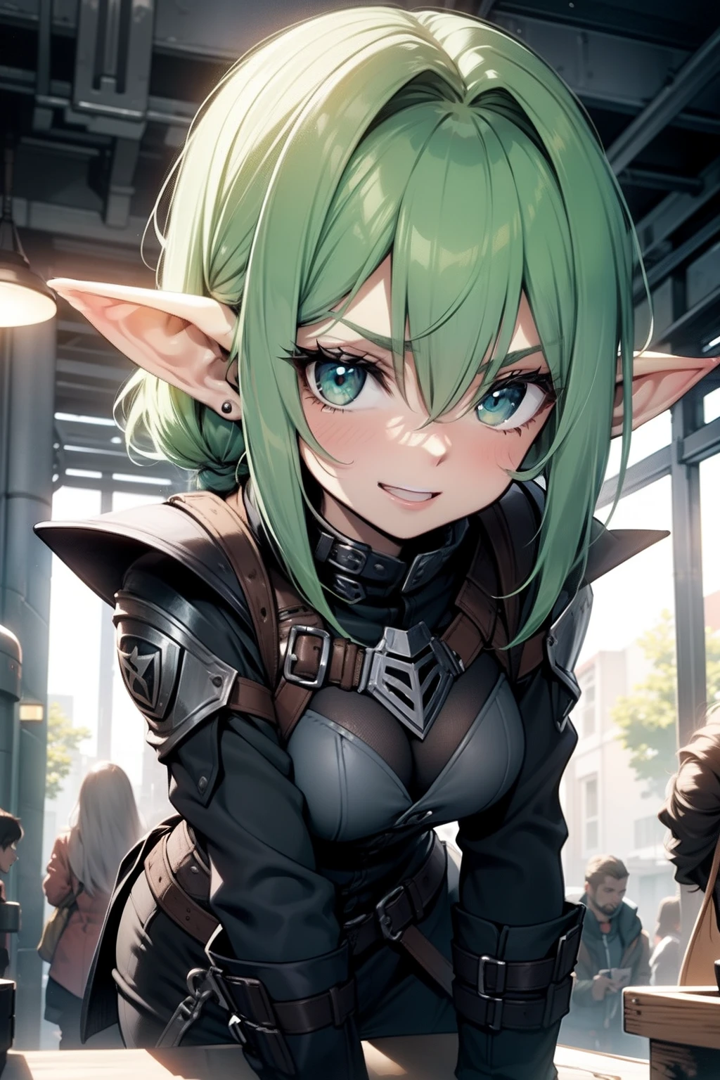 (goblin girl:1.2, dark green skin, blackquality hair:1.1, mohawk haircut, excited expression, ,sensual position , sexy face, prostitutes, Sluts, Close  up, brothel, Kale),(1.3 human knights, nus, pale skin, with armor, happy face), 4K, face detailed, piece of master