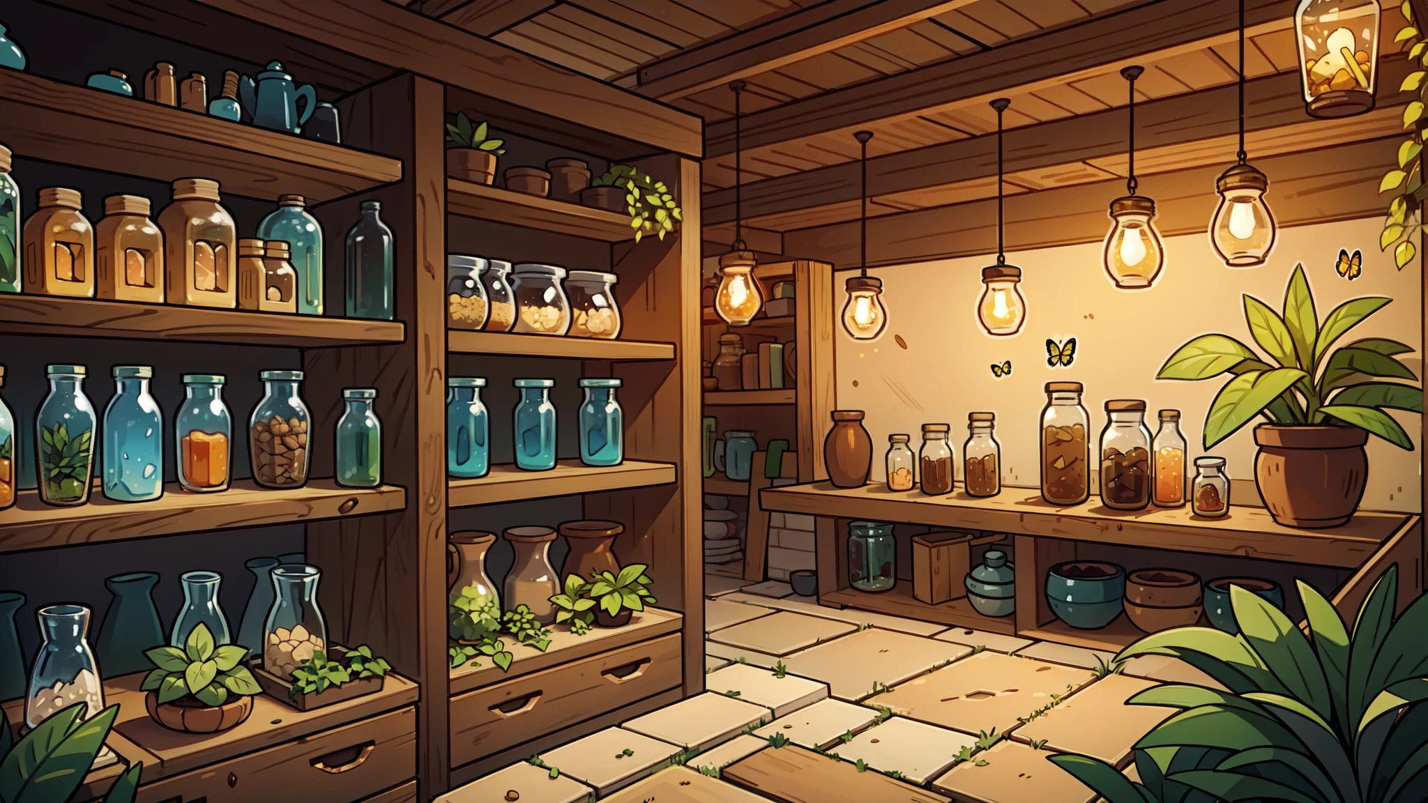 un mur d&#39;étagères avec des potions, plantes, lucioles, bols de céréales colorées, bocaux, point de vue 2D