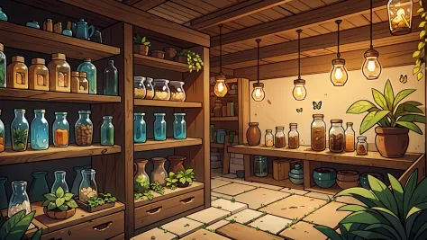 a wall of shelves with potions, plants, fireflies, bowls of colored grain, mason jars, 2d perspective