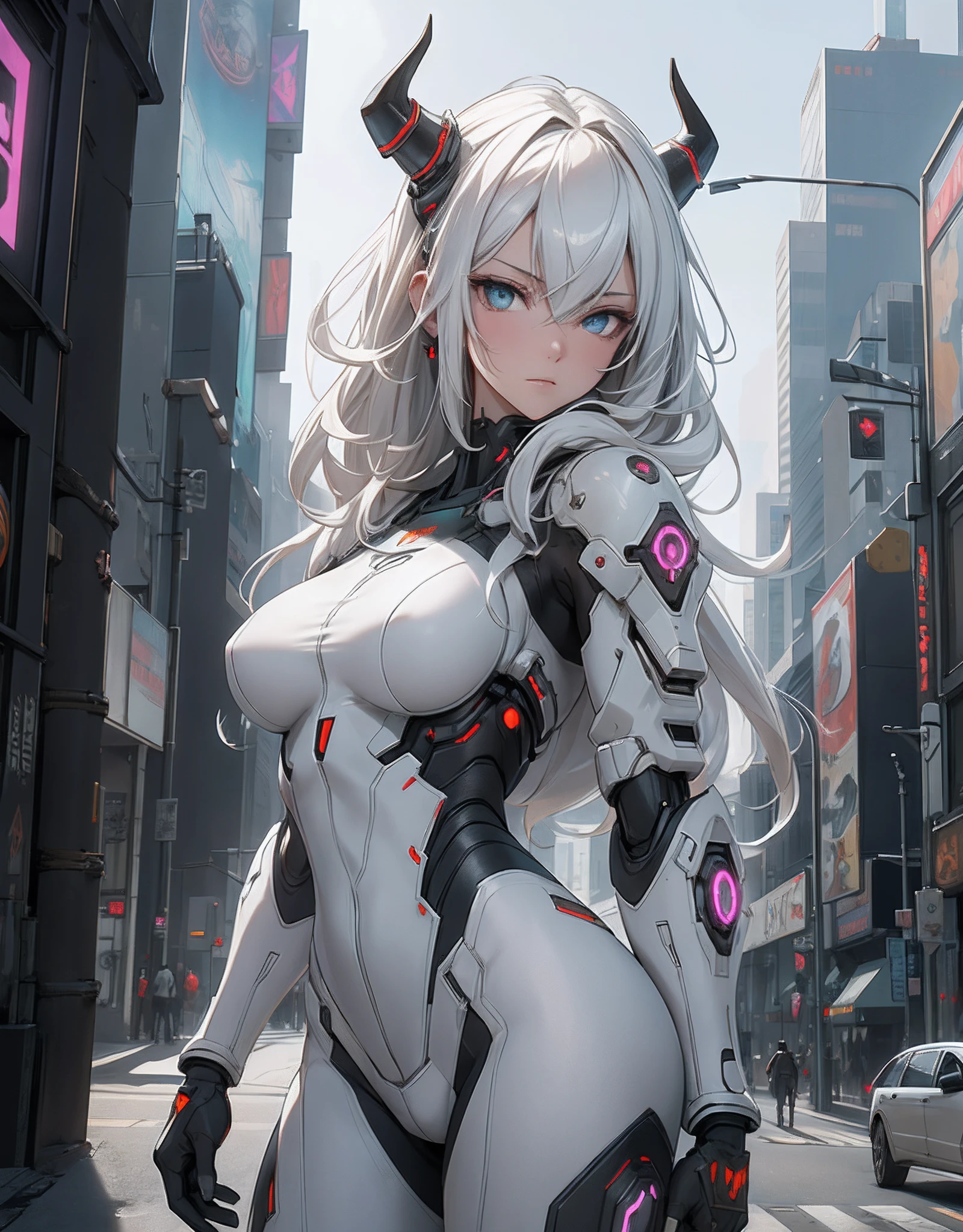 1girl, a beautiful girl cyborg cyberpunk with a cyberpunk city tall buildings, white hair, white and orange and black machine suit color combination, the body full of machine, realistic futuristic hologram, asian skin tone, beautiful eye, beautiful asian face, cyber ear machine, suits is solid mecha, realistic machine, sci fi scape, manipulation is a masterpiece, long hair, masterpiece, suit of cyberpunk, realistic sci fi building texture mecha aestethic, digital cyberpunk, looming over a city, cyber technology, realistic hair, lots of hair, white of hair, realistic metal solid texture of building, realistic neon glow, realistic neon sign, wonderful side lighting, realistic futuristic cyberpunk building, realistic girl robot cyberpunk, fog, foogy, masterpiece of detail, RAW IMAGE, depth of field, point of interes, depth of field is masterpiece, best photography composition masterpiece, natural realistic hair, rule of third masterpiece photography, natural lighting, photography masterpiece natural lighting from side, realistic skin texture, strong reflection, ( pose pinterest) masterpiece beautiful, Devil Horns, smooth pixel, ray of light, soft light, small breasts, mastepiece of cyber mask, masterpiece fantasy gun, carry a fantasy weapon