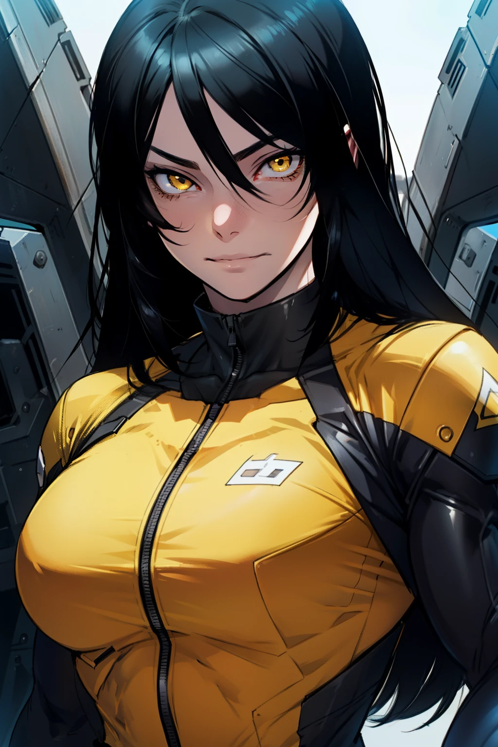 1 girl, black hair, yellow eyes, very long hair, pale skin, ((((extremely muscular)))), large breasts, (confident expression), pilot suit, close up