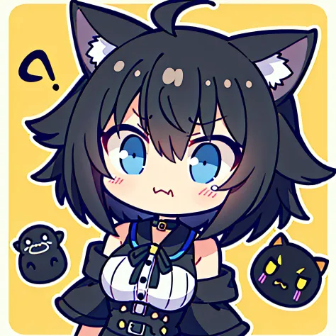 Girl vs、tchibi、((Best quality, High_Resolution, distinct_image)),(Black hair), (Black cat ears), (ahoge), (absurdly short hair), (Wavy hair), (Blue eyes),scowling.From the face.a very cute、mideum breasts、（The expression of crying）