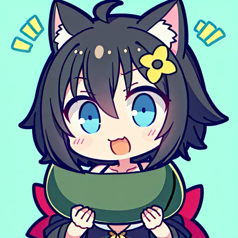 Girl vs、tchibi、((Best quality, High_Resolution, distinct_image)),(Black hair), (Black cat ears), (ahoge), (absurdly short hair), (Wavy hair), (Blue eyes),scowling.From the face.a very cute、mideum breasts、（（（The character holds a large piece of watermelon i...