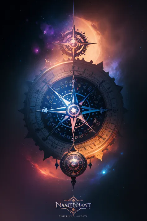 "astrid nocturna" logo text, compass and wand concept, galaxy fantasy style, official fanart, charles vess and thomas kinkade, inspired by charles vess, dan mumford and pixar