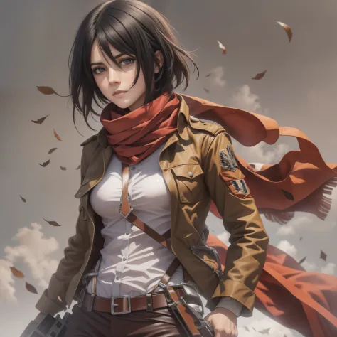 "master part, melhor qualidade, Altas, Hmmikasa, short hair, olhos negros, echarpe, emblema, belt, thigh strap, red scarf, white pant, jaqueta marrom, mangas compridas, segurando arma, espada, ao ar livre, fundo muito detalhado, mikasa ackerman, shingeki n...