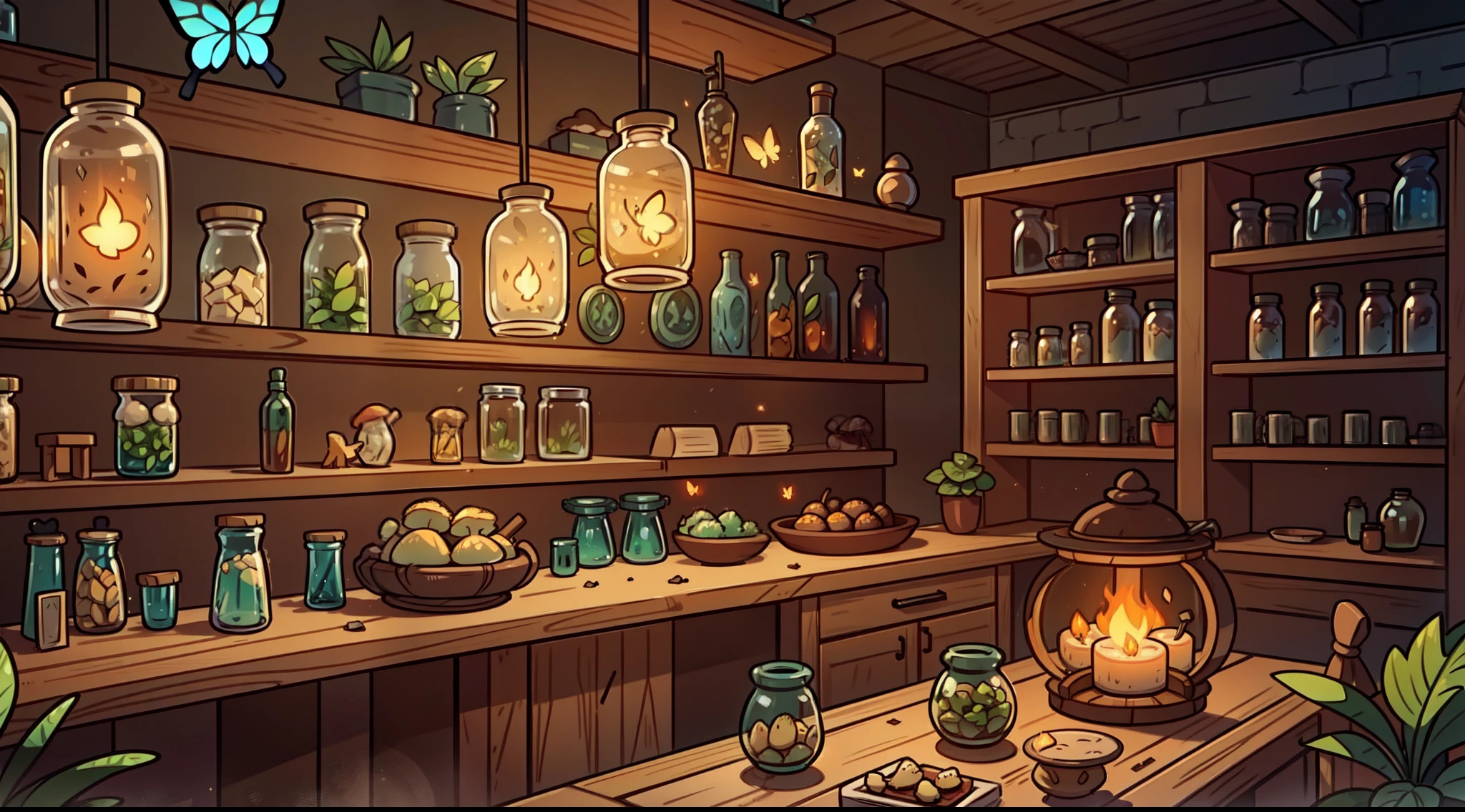 a wall of shelves with potions filled, pot plants, fireflies, mason jars, jars with eyeballs, jars with tails, glowing mushrooms, jars of butterflies, Mortar and pestle, one fireplace with cauldron, shop counter