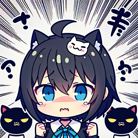 Girl vs、tchibi、((Best quality, High_Resolution, distinct_image)),(Black hair), (Black cat ears), (ahoge), (absurdly short hair), (Wavy hair), (Blue eyes),scowling.From the face.a very cute、mideum breasts、（（（Eyes filled with tears，Eyelids tremble，Facial mus...