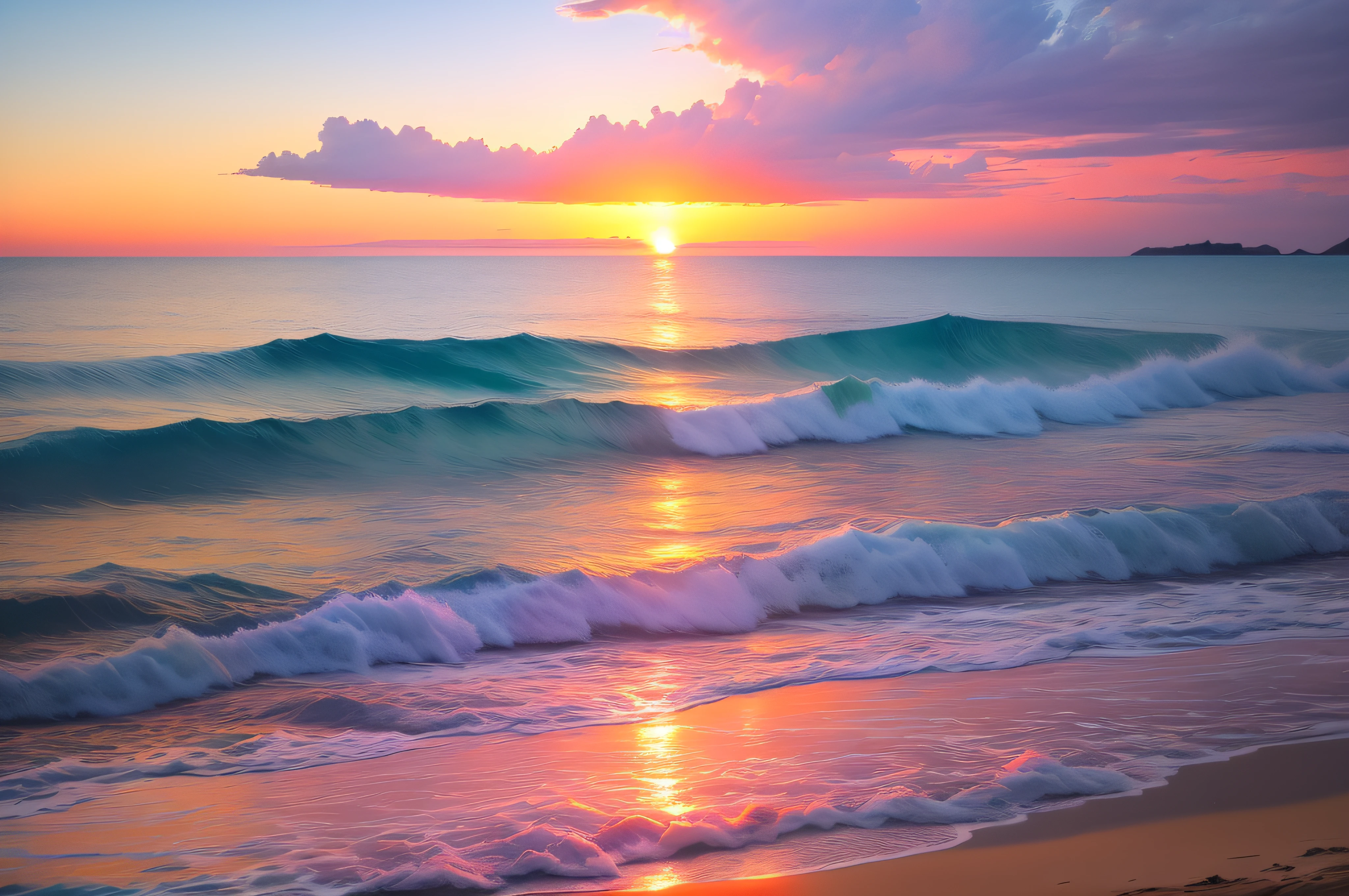 Sunset over the ocean with waves crashing on the beach - SeaArt AI