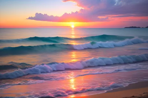 ビーチに沈む魅惑的な夕日、夕焼け、オレンジ、そこにピンクがある 