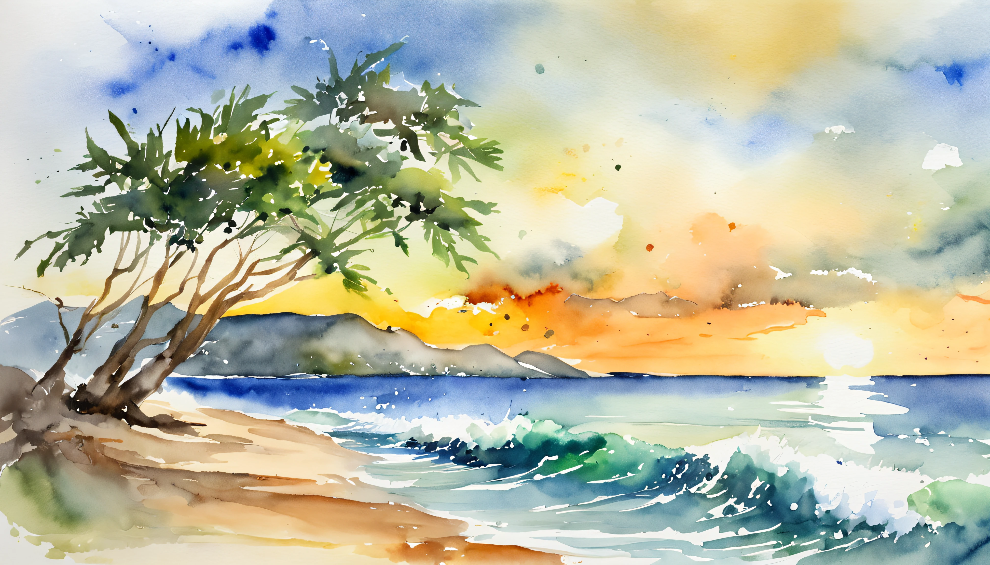水彩画、水彩、美しい島の日の出, 小さな波がビーチを優しく打ち寄せ