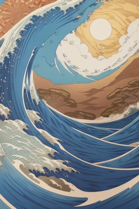 Sticker, work of Hokusai, Ukiyo-e style, Statue of Liberty 1900, psychedelic, abstract. The foreground is like the wave off Kanagawa. The wave is transforming into the head of the dragon.