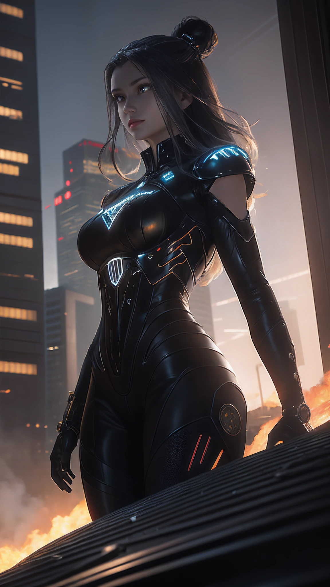 （（best qualtiy））， （（tmasterpiece））， （（Realistic））， （A detailed）， （realisticlying：1.5）， A futuristic girl， （Thick stature）， （black reotard）， Lights on armor， Cybernetic headdress， looking at viewert， dynamicposes， postapocalyptic， Destroyed city background， Buildings on fire， scientific fiction， HDR， Ray traching， nvidia RTX， Hyper-Resolution， Unreal 5， sub surface scattering， PBR textures， Post-processing， Anisotropic filtering， depth of fields， Maximum clarity and sharpness， trichotomy，8K original，（Luminous Particle：1.4），（VerydetailedCG，Unity 8k Wallpaper，3d，cinmatic lighting，lens flare glow），Reflectors，Sharp focus，Cyberpunk art of a，Cyberpunk Building，