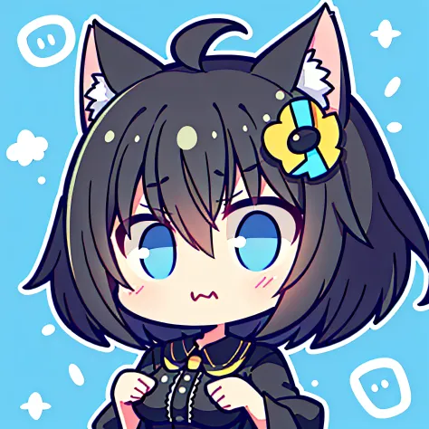 Girl vs、tchibi、((Best quality, High_Resolution, distinct_image)),(Black hair), (Black cat ears), (ahoge), (absurdly short hair), (Wavy hair), (Blue eyes),scowling.From the face.a very cute、mideum breasts、（（（Mocking memes）））