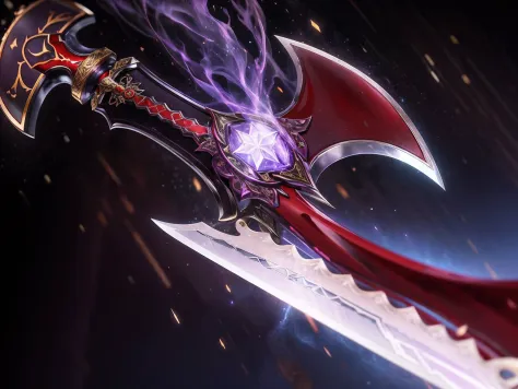 A purple light shone on a red and black knife with a purple handle, style of ghost blade, Fantasy Blade, war blade weapon, Glowing sword, shinning sword, sword slash, Fantasy Scythe, magical sword, fantasy sword, ghostblade, fantasy weapon, glowing green s...