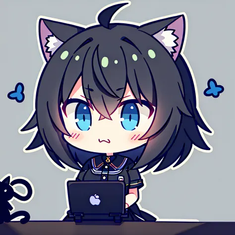 Girl vs、tchibi、((Best quality, High_Resolution, distinct_image)),(Black hair), (Black cat ears), (ahoge), (absurdly short hair), (Wavy hair), (Blue eyes),scowling.From the face.a very cute、mideum breasts、（（（The character looks tired，Eyes are blank or sleep...