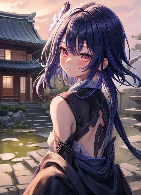 Raiden Shogundef, upper body, smile, blush, outdoors, day, simple background, Dark sky, Long hair, sky, temple, looking at viewe...