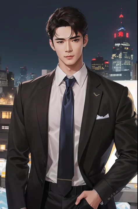 There is a man in a suit and tie standing in front of a city, Inspired by Zhang Han, wearing a strict business suit, Anime handsome man, inspired by Yanjun Cheng, wearing a strict business suit, Dark suit, Suit and tie, inspired by Russell Dongjun Lu, Hand...