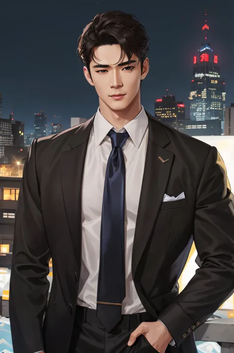 There is a man in a suit and tie standing in front of a city, Inspired by Zhang Han, wearing a strict business suit, Anime handsome man, inspired by Yanjun Cheng, wearing a strict business suit, Dark suit, Suit and tie, inspired by Russell Dongjun Lu, Hand...