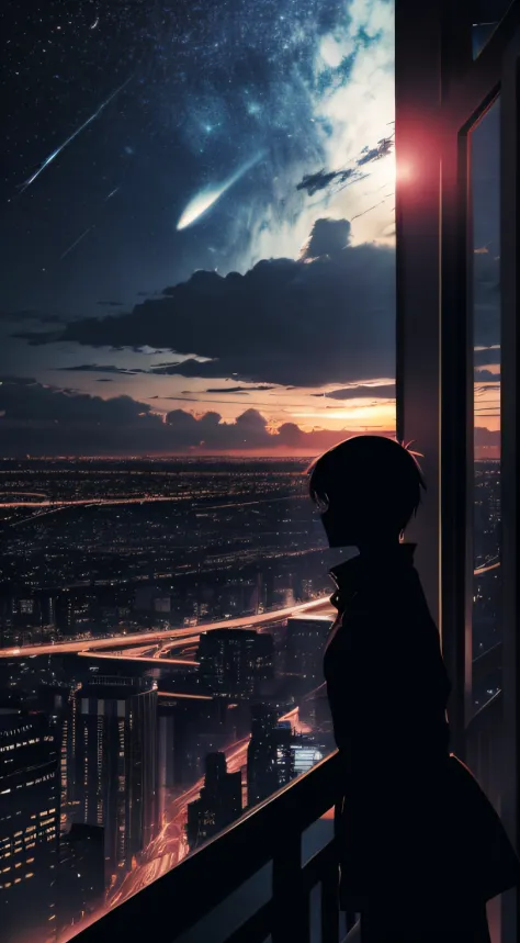 anime big breast,Silhouette,1boy, Star (sky), Cloud, Cityscape, Building, City, Outdoors, skyscraper, City lights, Night, Night ...