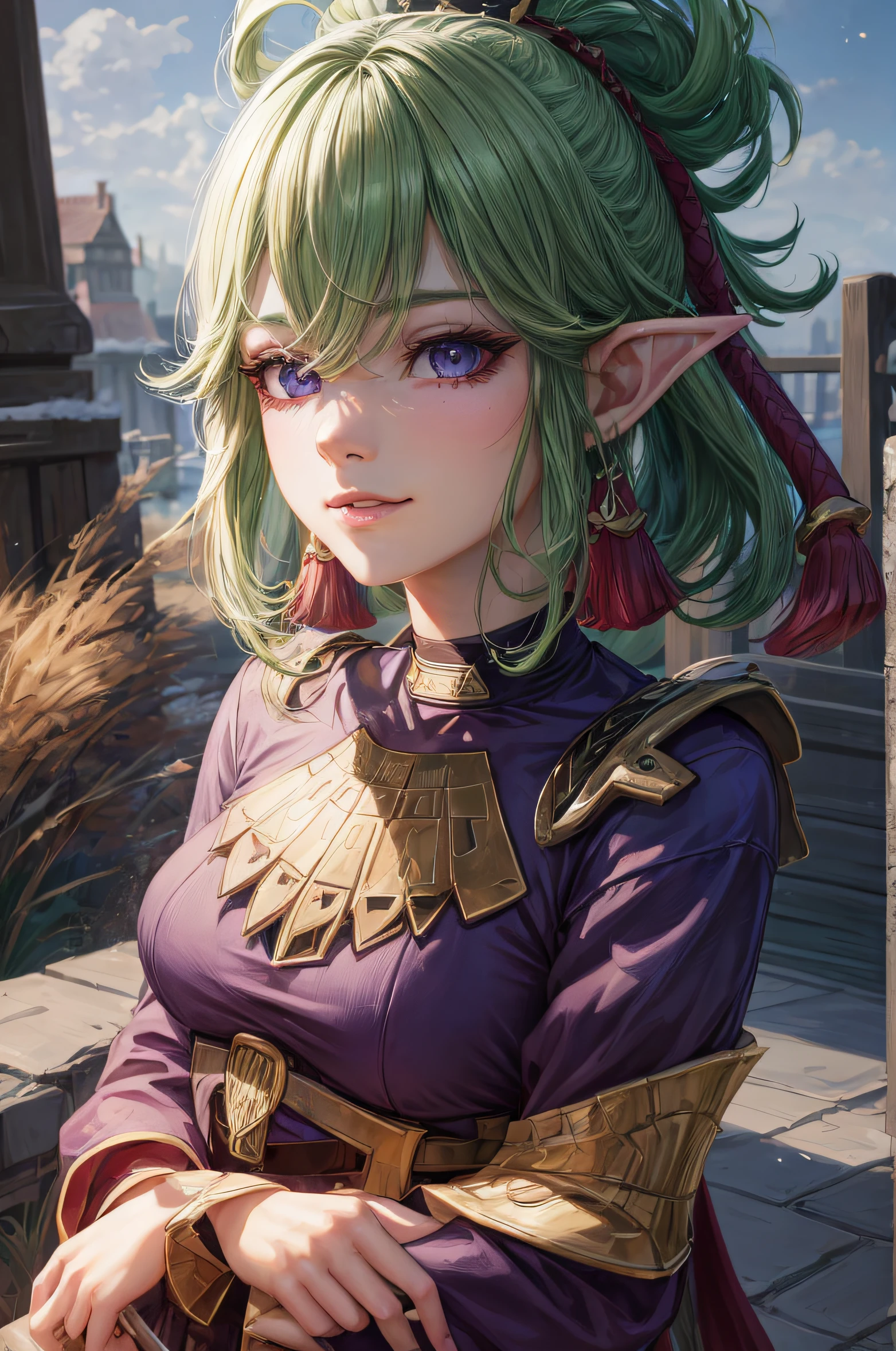 The girl looks at the camera with beautiful purple eyes and an attractive smile, mouth open, White Teeth, Cute little nose, Beautiful long elven ears, portrait of an elf, Portrait of a very beautiful elf woman, green hair, Stars in her fixed eyes, breathtaking rendering, extreme closeup, Sweet girl, attractive anime girl, beautiful anime girl, Cute beautiful anime woman, detailed digital anime art, beautiful anime girl, beautiful anime girl, Anime with small details, Best Quality, Masterpiece, Ultra-detailed, Beautiful, hight resolution, Original,CG 8K ультрареалистичный, perfect artwork, beatiful face, Face Clean, Skin, hyper realistic, Ultra Detailed, A detailed eye, dramatic  lighting, (Realistic) Realistic, Full HD, Best Quality, Best Quality, Beautiful lighting, (8k wallpaper of extremely detailed CG unit), High Details, sharp-focus, The art of dramatic and photorealistic painting, beautiful smile, Incredibly detailed face, hyper detailed face, A face with a lot of detail, Perfect nose, gorgeous smile, A star in the eye, Perfect eye shadow, wink, Hyper-Detailed Eyes, Hyper-detailing of eyebrows, Hyper-detailed eyelashes,