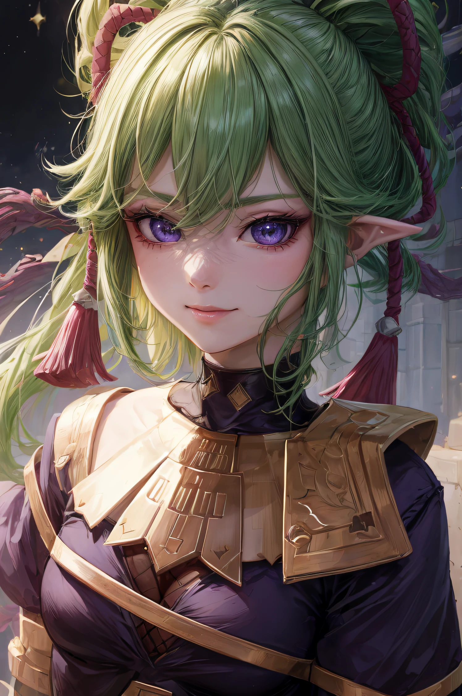 The girl looks at the camera with beautiful purple eyes and an attractive smile, mouth open, White Teeth, Cute little nose, Beautiful long elven ears, portrait of an elf, Portrait of a very beautiful elf woman, green hair, Stars in her fixed eyes, breathtaking rendering, extreme closeup, Sweet girl, attractive anime girl, beautiful anime girl, Cute beautiful anime woman, detailed digital anime art, beautiful anime girl, beautiful anime girl, Anime with small details, Best Quality, Masterpiece, Ultra-detailed, Beautiful, hight resolution, Original,CG 8K ультрареалистичный, perfect artwork, beatiful face, Face Clean, Skin, hyper realistic, Ultra Detailed, A detailed eye, dramatic  lighting, (Realistic) Realistic, Full HD, Best Quality, Best Quality, Beautiful lighting, (8k wallpaper of extremely detailed CG unit), High Details, sharp-focus, The art of dramatic and photorealistic painting, beautiful smile, Incredibly detailed face, hyper detailed face, A face with a lot of detail, Perfect nose, gorgeous smile, A star in the eye, Perfect eye shadow, wink, Hyper-Detailed Eyes, Hyper-detailing of eyebrows, Hyper-detailed eyelashes,