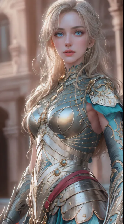 8K  UHD，RAW photo，A woman in silver armor，Skirt armor，Handsome girl，long whitr hair，blonde with blue eyes，The face is delicate，Delicate skin，Full breasts，Crystal clear lips，Slender legs，(Real Human:1.3)，(A high resolution:1.4)，(A detailed:1.5)，(photoreales...