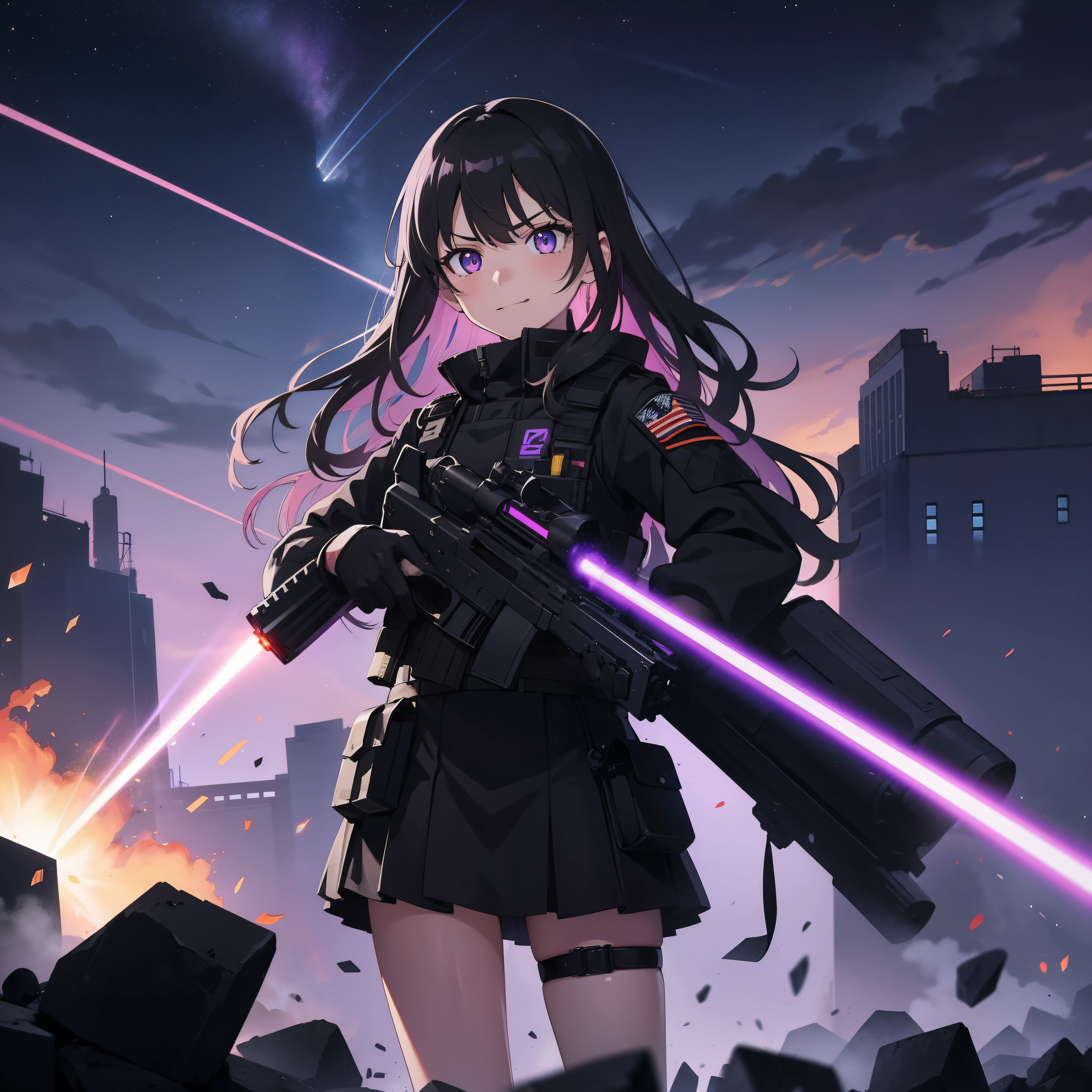 1girl, black uniform, eagle shoulder patch, purple headset, purple eyes, black long messy hair, black camo uniform, black shoulder pads, black tactical vest, black armor pads, black handgun holster, black tactical socks, holding a handgun, bullets, stance, holding tactical radio, black skirt, angry, armed, barricade, shooting, bullet rain, fire, explosion, calm, deep breaths, RAILGUN, Electromagnetic Cannon, Large Railgun, LASER GUN, Large Laser Cannon, Glowing Gun, artillery, purple blue laser with aurora, beams, aurora, laser rifle, aura, stars, small smile