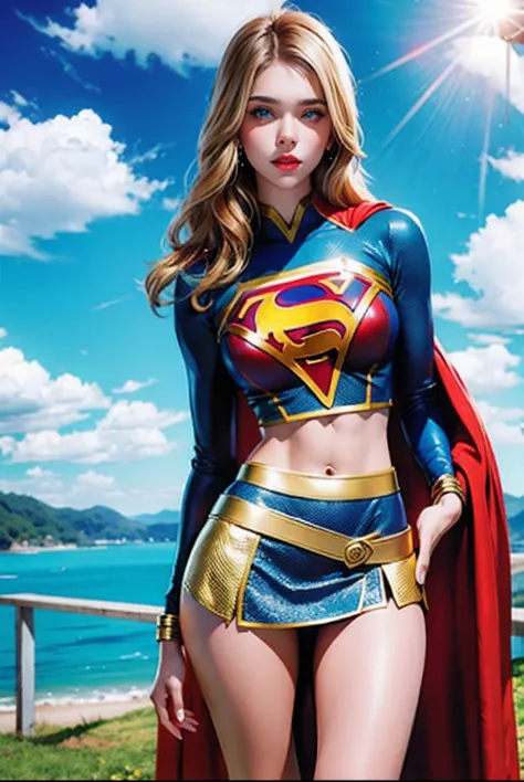 kiernan shipka, cabelos loiros, supergirl sexy voando pelo ar com uma capa vermelha, crop top azul de latex com s de superman no...