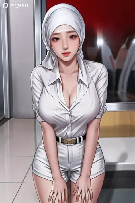 white skinned, korean hijab girls，full bodyesbian，A high resolution，tmasterpiece,super big breast,(P cup),looming breast,standing,sexy body,long hijab,tight shirt outfit,body wet,in city street, shopping