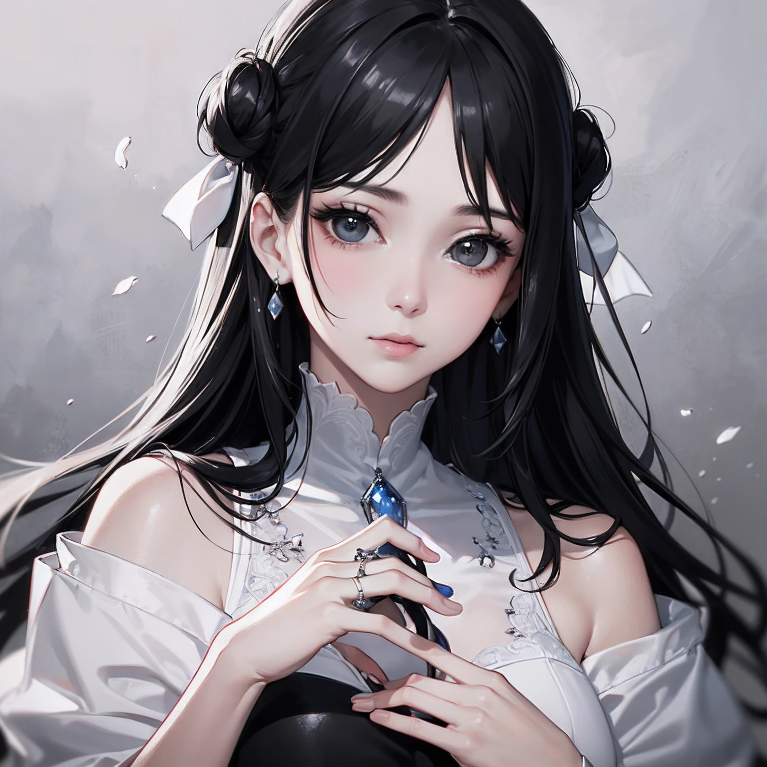 Anime girl with long black hair and blue eyes holding a cell phone - SeaArt  AI