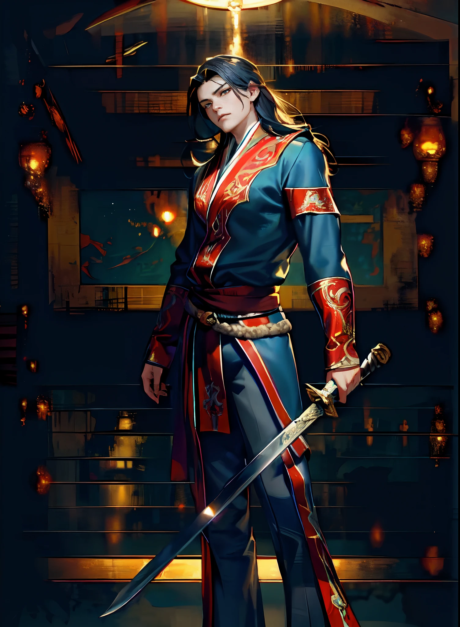 A young man with long dark blue hair, his gaze cold and resolute, he is dressed in a black fusion of traditional Chinese and Western-style suit robe, in each hand holds a long sword, exuding a solemn demeanor, this character showcases a Chinese martial arts hero designed with a Japanese anime, character design is intricate, showcasing a mature artistic style, ((character concept art)), full body character drawing, high definition, best quality, ultra-detailed, extremely delicate, anatomically correct, symmetrical face, extremely detailed eyes and face, high quality eyes, creativity, RAW photo, UHD, 8k, professional lighting, (masterpiece:2)