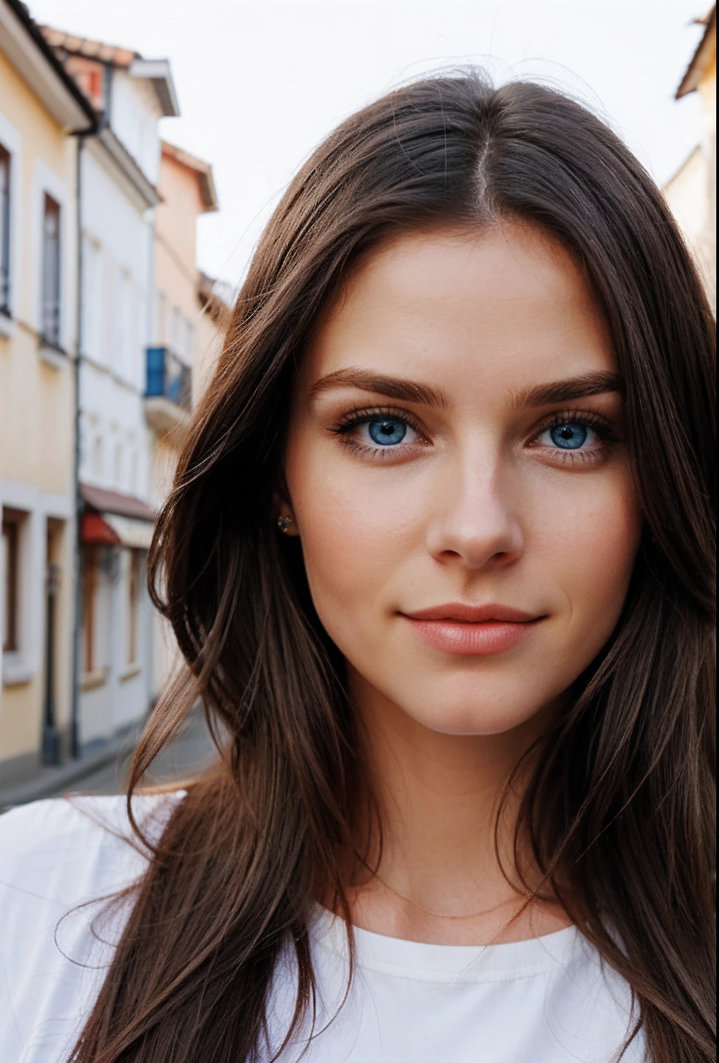 a realistic photo of a 29 years female, long hair, blue eyes, europian style.