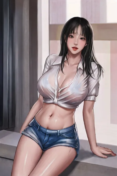 white skinned, korean girls，full bodyesbian，A high resolution，tmasterpiece,super big breast,(P cup),looming breast,standing,sexy body,long black hair,long transparent shirt and minipants outfit,body wet,in city street, holding a stomach,pregnant girl