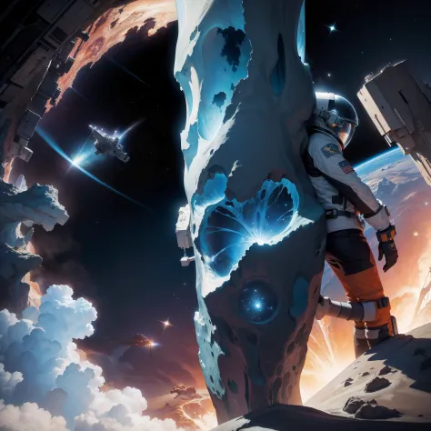 Astronaut smoking marijuana in space with the pillars of creation behind him, , Futuristic and realistic  style, with a piece ship nearby, it should look dark, horror environment