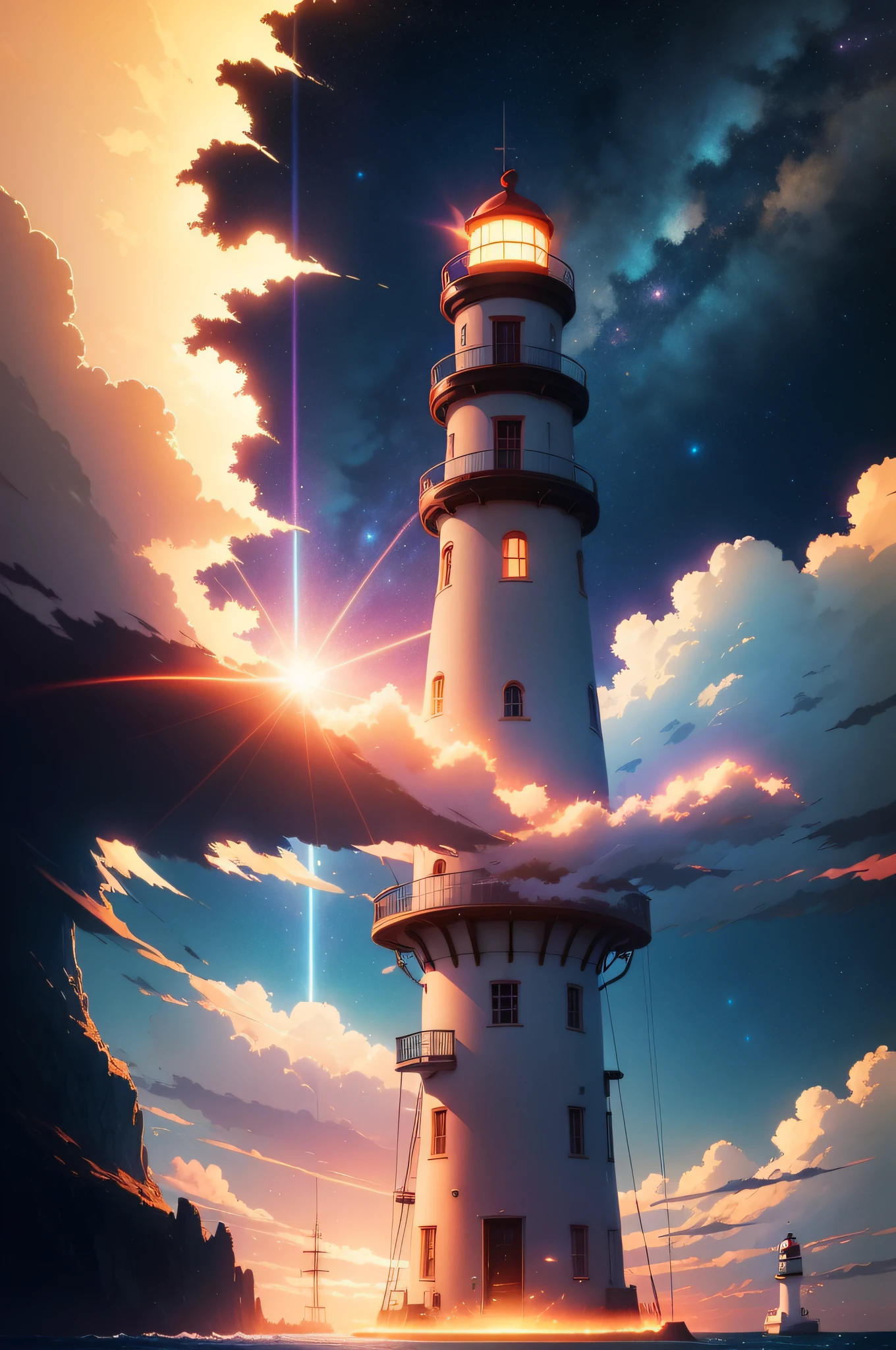 Anime scene of a lighthouse with bright beams in the sky, colorful ...