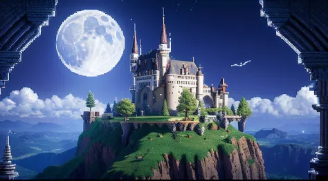 pixel game，scenography，fantastical scenes，Moon Night，Vampire Castle，levitating， Pixel art #pixelart