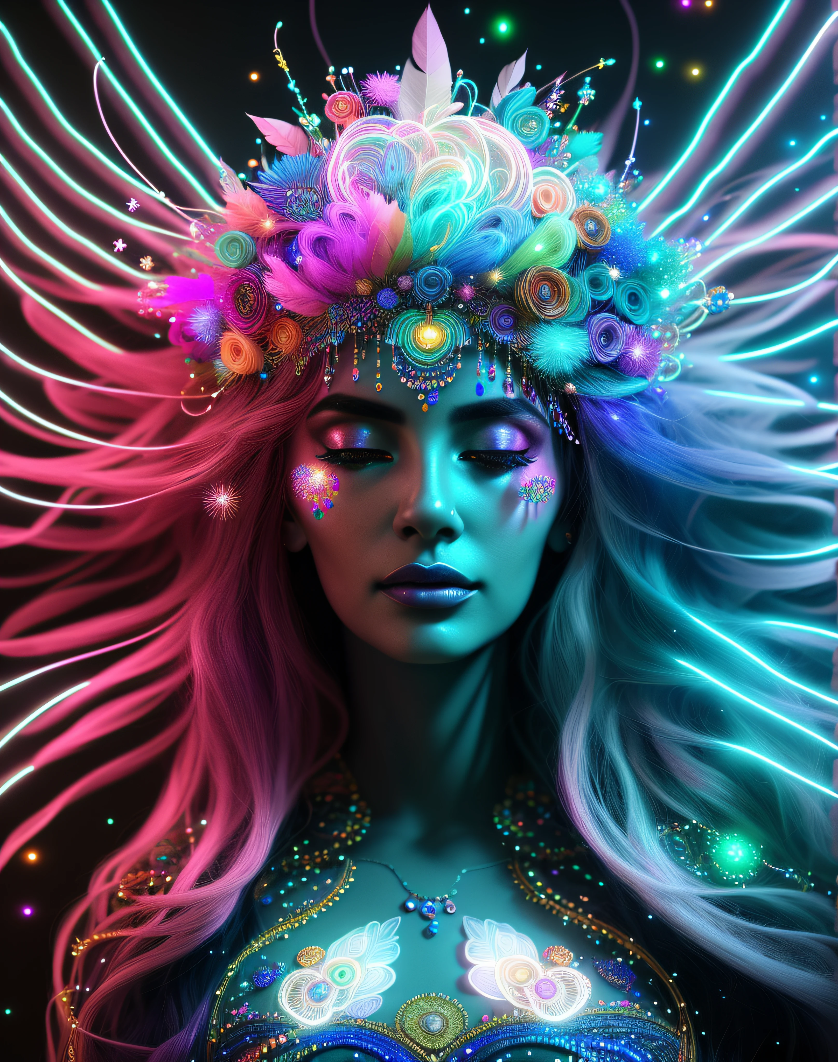 a woman with a crown of feathers and glowing lights on her head, psychedelic goddess, portrait of a cosmic goddess, colorfull digital fantasy art, 3 d goddess portrait, cyborg goddess in cosmos, a stunning portrait of a goddess, goddess. extremely high detail, beeple and jeremiah ketner, cosmic goddess, digital art fantasy, 4k highly detailed digital art