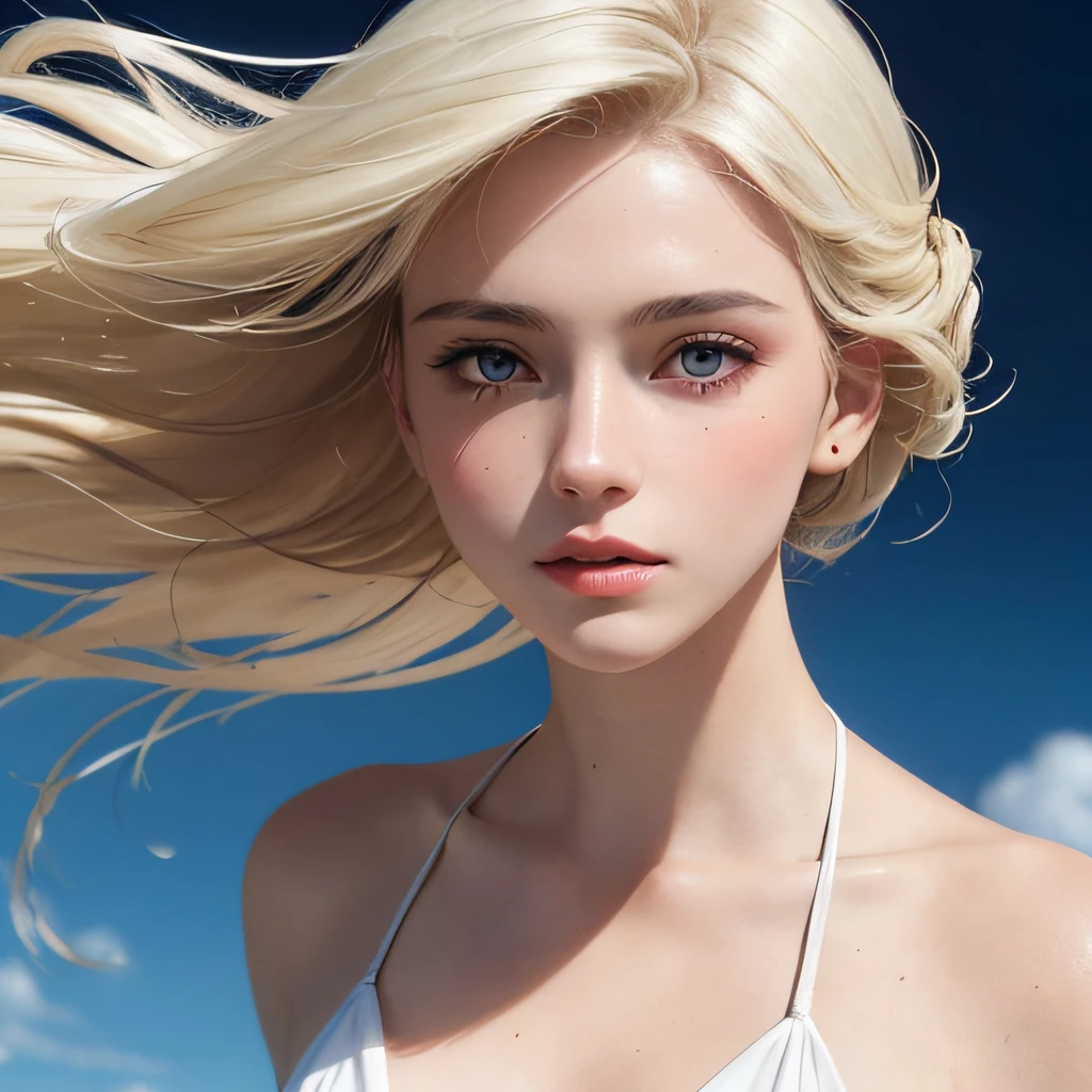 (8K, RAW Photos, of the highest quality, Masterpieces: 1.2), (Realistic, Photorealistic: 1.37), Highest Quality, Ultra High Resolution, light  leaks, Dynamic lighting, Slim and smooth skin, (Full body:1.3), (Soft Saturation: 1.6), (Fair skin: 1.2), (Glossy skin: 1.1), Oiled skin, 22 years old, Night, shiny white blonde, Well-formed, Hair fluttering in the wind, Close-up shot of face only, Physically Based Rendering, From multiple angles, The bikini