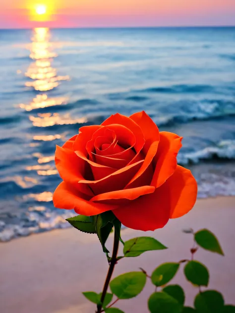 Close-up shot, a rose flower, the background is the gorgeous sunset by the sea, real texture, warm