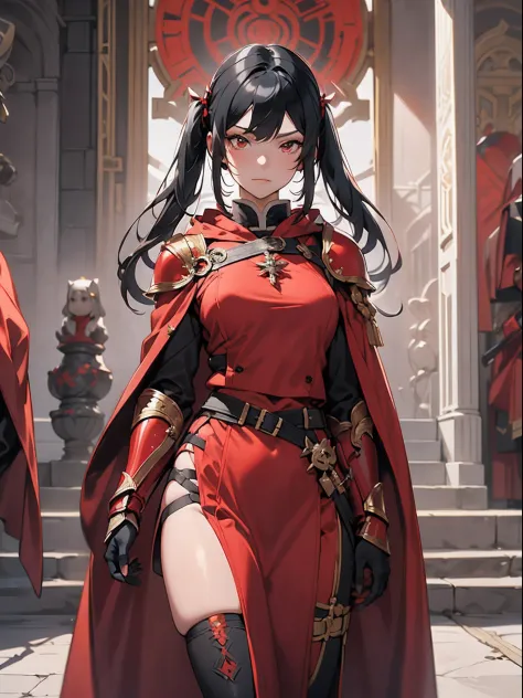 Fantasy,1girl in,beautiful a girl,((Black hair long twin tails)),((onmyouji)),((suikan)),armor,(Red cloak with gilded decoration...
