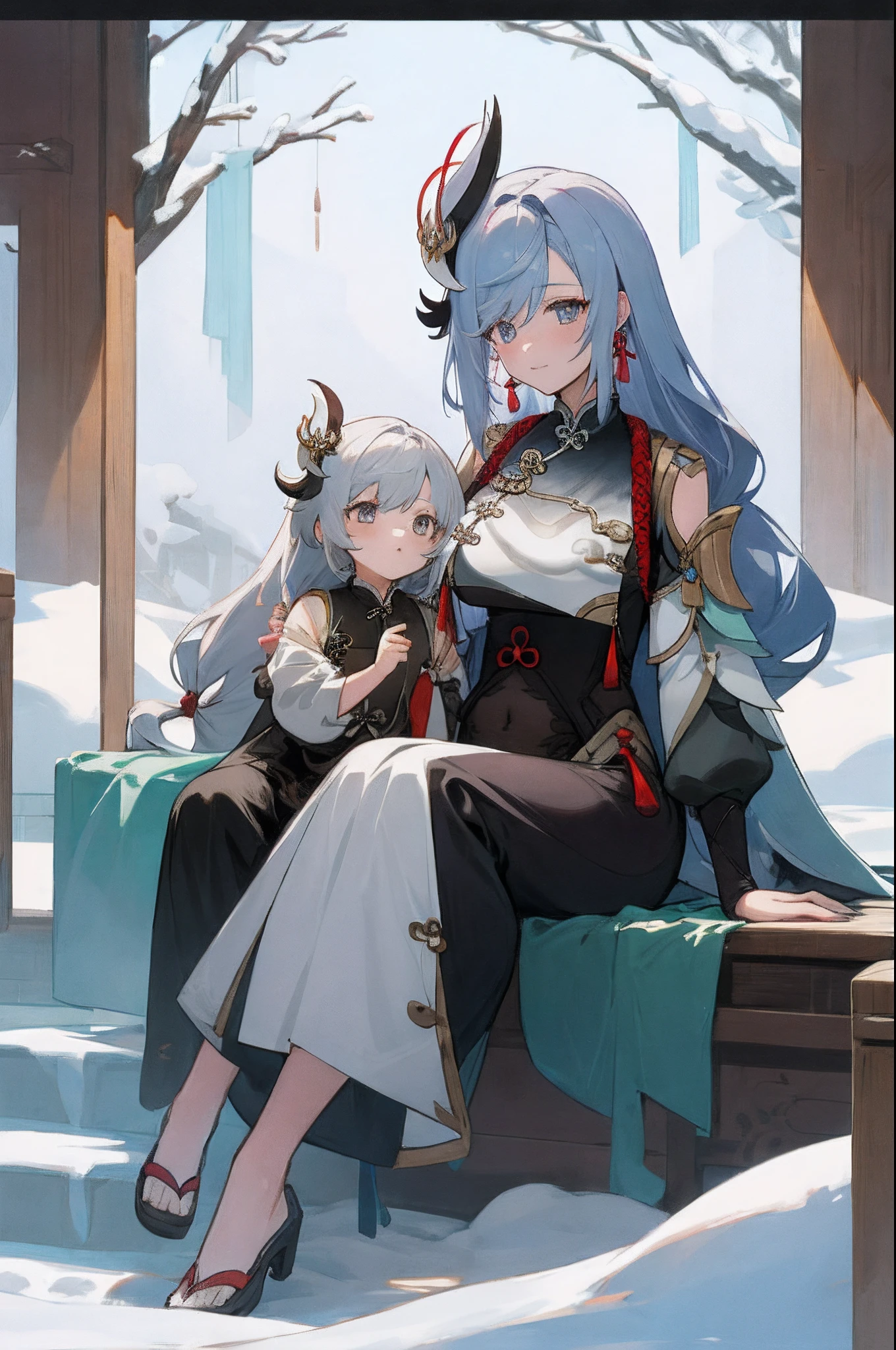 anime image of two women dressed in traditional china clothing in winter,  shenhe, Cheongsam, palace a girl in hanfu, wlop and sakimichan - SeaArt AI