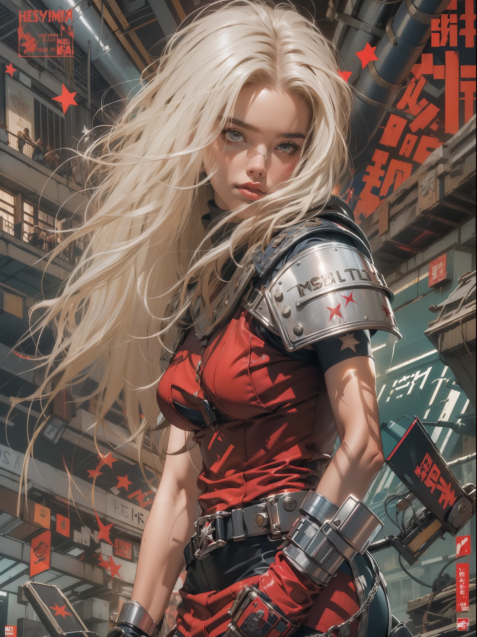 (((여성))), (((더 나은 품질))), (((원시 작업))), (((성인))), (((여자 1명))), ((( 밥 이발 ))), Uma gladiadora cyberpunk 여성 de 25 anos com corpo perfeito, 금속 등뼈가 있는 어깨 패드, 브루클린 글래디에이터즈, (( 밥 이발 )), 작은 가죽 팬티, 찢어진 럭비 타임 티셔츠, 헤비메탈 매거진의 표지를 장식한 사이먼 비슬리(Simon Bisley)의 거친 도시 스타일로 거의 알몸으로 등장, 짧은 금발 머리, 최소 의류, 복잡한 그래픽을 갖춘 왼팔의 금속 보호 장치, 흰색 별이 있는 진한 빨간색과 흰색 및 남색 체커보드 패턴, 갑옷, 스파이크와 리벳이 가득한, (((무릎부터))), 짧은 흰색 금발 머리, 배경에는 셰퍼드 페어리가 복잡한 디자인으로 그린 벽이 있습니다.