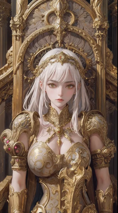 medieval fantasy, (masterpiece, best quality), (from front:1.4), full body, (1girl, solo), white hair, gold eyes, throne,
((in kingdom, Baroque architecture with majestic and ornate, intricate detail, 
curved and concave style design, gilded elements and b...