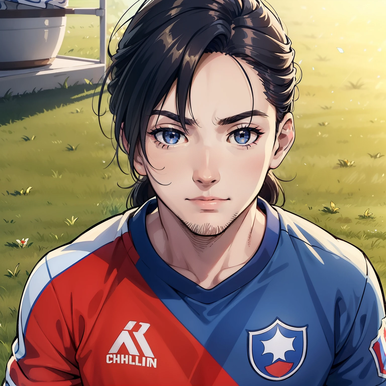 (best qualtiy，Highest high resolution) Chilean male football player, ((official soccer chilean national team)), Clear facial expressions，eyes with brightness，young handsome，Sunny vitality，Tall stature，Robust and strong