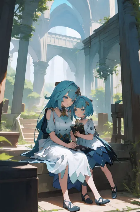 Anime images of two women in dresses，Pose for photos in summer that look like Arab lab outfits, Beautiful decoration on the dress, The palace maid is in the palace,Long hair, blue  hair , double tails, Anime fantasy illustration, A scene from the《azur lane...