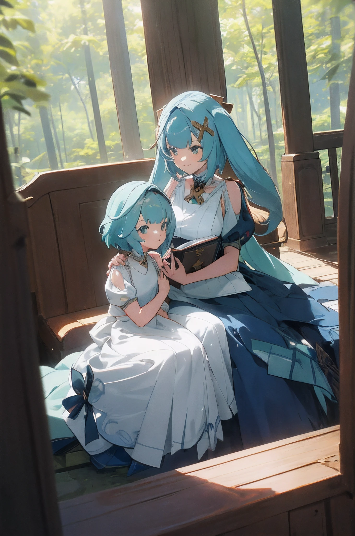 Anime images of two women in dresses，Pose for photos in summer that look like Arab lab outfits, Beautiful decoration on the dress, The palace maid is in the palace,Long hair, blue  hair , double tails, Anime fantasy illustration, A scene from the《azur lane》videogame, Genshin, Faruzan detailed art, two beautiful anime girls, Mother and child, A symbol of maternal love, Mother and child, Such as mother and child photos, Smile, Sit in the middle of the forest, ruin, robotic machines, Machine, The book is on the side