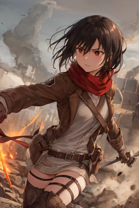 1girl in, Solo,masutepiece,Best Quality,1girl in,Mikasa,ackerman,red scarf,battle posture,Action art,Aim at the enemy,Face full of murderous look,sinister gang,minimalism,Impact art,Ruins,Black eyes,long boots,Side Pack,thighband, red scarf,Brown jacket, Long sleeves, holding weapon,dual-wielding,Mikasa Ackerman,Silver Sword,the fire